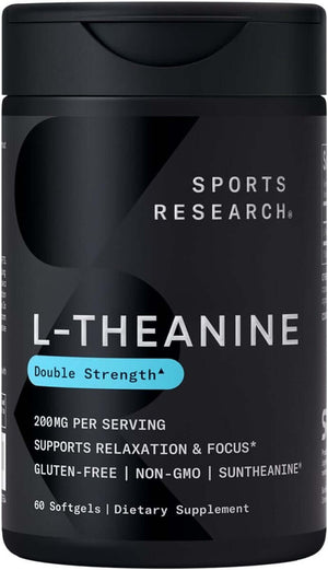 Sports Research Double Strength L - Theanine Supplement - Suntheanine Softgels for Focus, Relaxation & Alertness - Non - Drowsy Support Made with Coconut Oil, Non - Gmo & Gluten Free - 200Mg, 60 Count - Vitamen Store