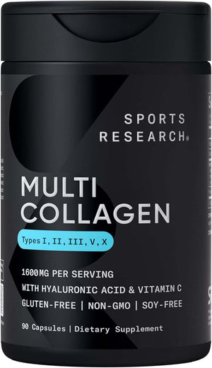 Sports Research Multi Collagen Peptides – Types I, II, III, V & X with Hyaluronic Acid & Vitamin C – Non‑GMO Verified & Gluten‑Free – 90 Capsules - Vitamen Store