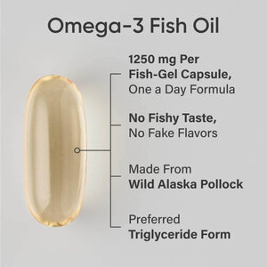 Sports Research Triple Strength Omega 3 Fish Oil Supplement - EPA & DHA Fatty Acids from Wild Alaskan Pollock - Heart, Brain & Immune Support for Adults, Men & Women - 1250 Mg Capsules (30 Ct) - Vitamen Store
