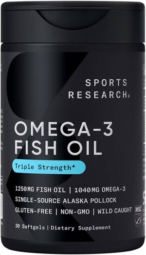 Sports Research Triple Strength Omega 3 Fish Oil Supplement - EPA & DHA Fatty Acids from Wild Alaskan Pollock - Heart, Brain & Immune Support for Adults, Men & Women - 1250 Mg Capsules (30 Ct) - Vitamen Store