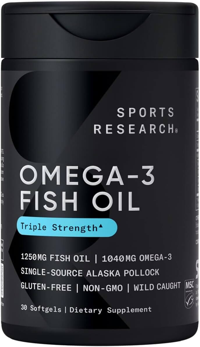 Sports Research Triple Strength Omega 3 Fish Oil Supplement - EPA & DHA Fatty Acids from Wild Alaskan Pollock - Heart, Brain & Immune Support for Adults, Men & Women - 1250 Mg Capsules (30 Ct) - Vitamen Store