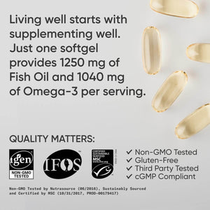 Sports Research Triple Strength Omega 3 Fish Oil Supplement - EPA & DHA Fatty Acids from Wild Alaskan Pollock - Heart, Brain & Immune Support for Adults, Men & Women - 1250 Mg Capsules (30 Ct) - Vitamen Store