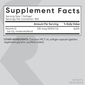 Sports Research Vitamin D3 5000 IU with Organic Coconut Oil – 360 Mini Softgels (125mcg) – Non - GMO – For Adults - Vitamen Store