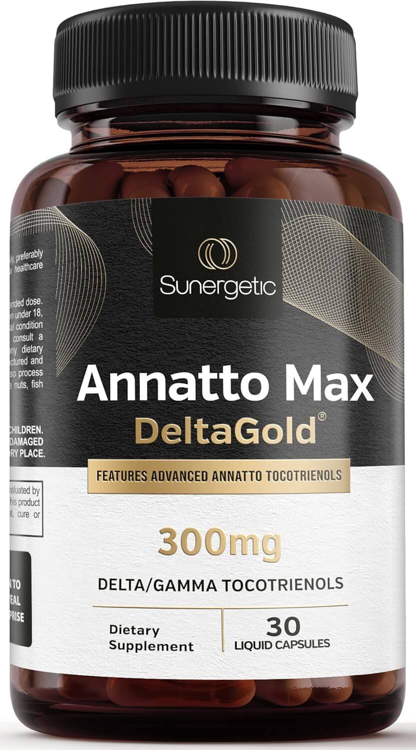 Sunergetic Premium Annatto Tocotrienol Supplement – with Deltagold – Tocotrienols Vitamin E 300 Mg – Supports Liver, Immune & Heart Health - Delta + Gamma Tocotrienols (30 Liquid Capsules) - Vitamen Store