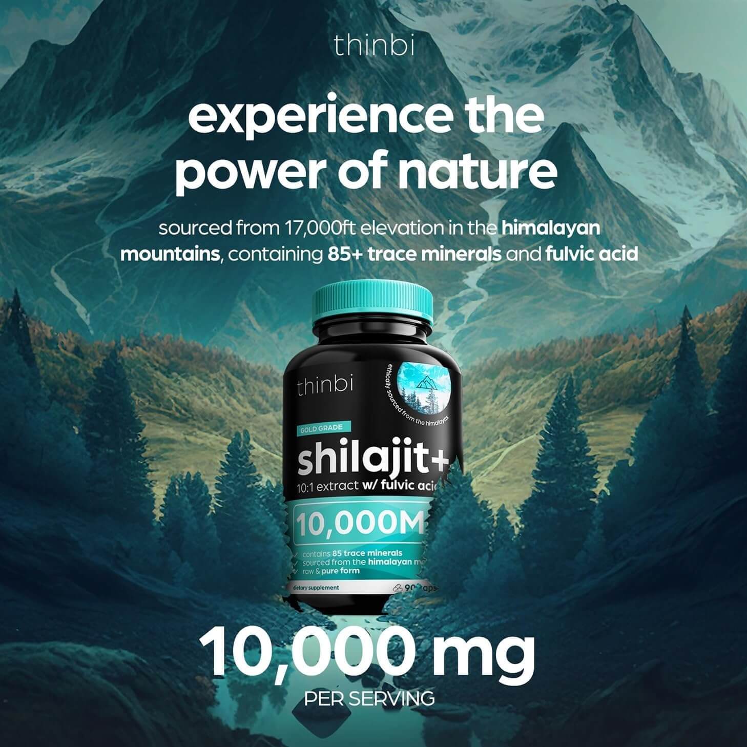 Thinbi Pure Himalayan Shilajit – 10,000MG Maximum Potency – Organic Capsules with Fulvic Acid & Trace Minerals – 90 Count - Vitamen Store