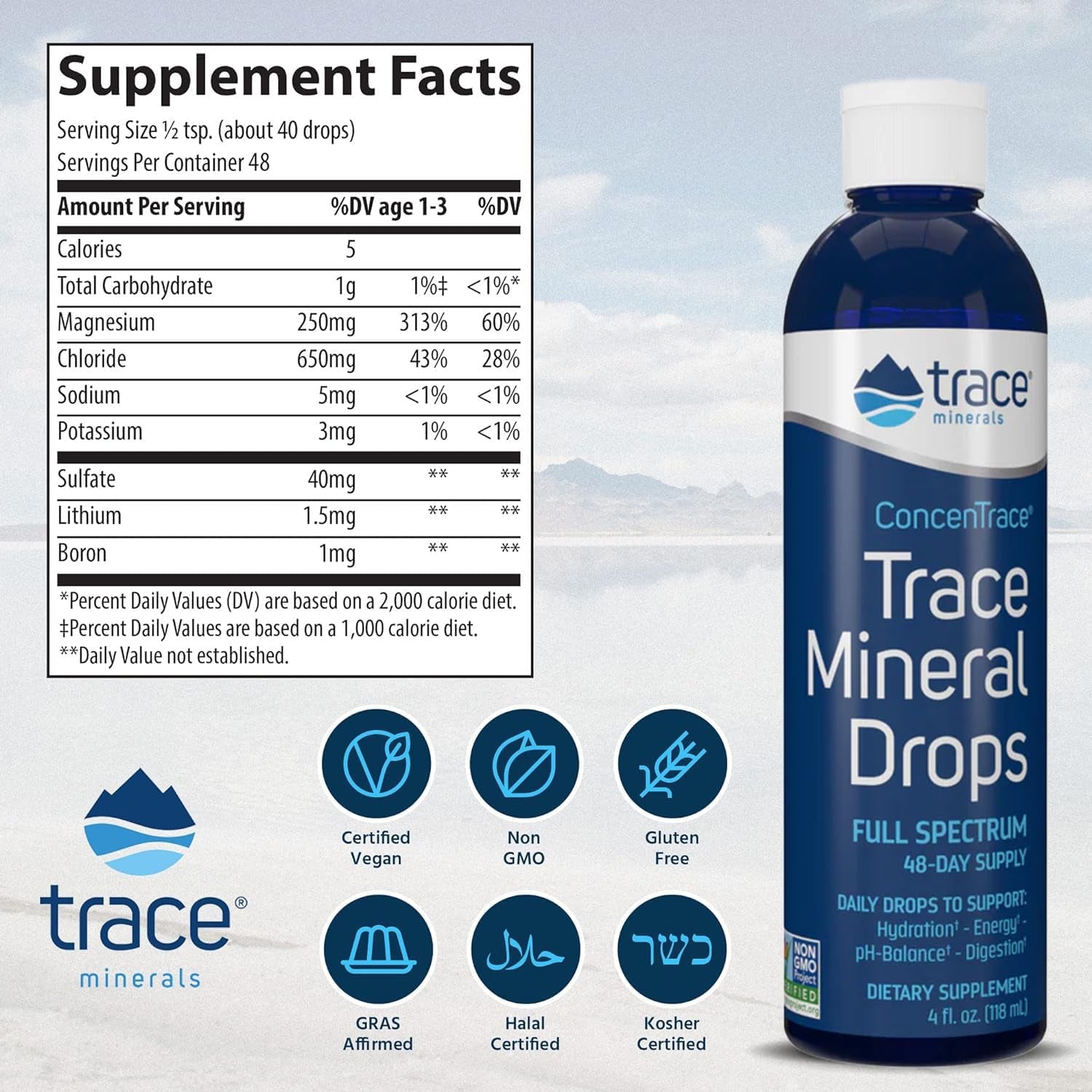 Trace Minerals Concentrace Trace Mineral Drops - Aids Hydration & Electrolyte Restoration - Unflavored - Original, 4 Fl Oz (48 Servings) - Vitamen Store