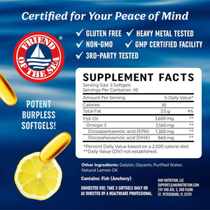 Triple Strength Omega - 3 Fish Oil 3600 mg – 1300 mg EPA and 860 mg DHA – Wild - Caught Burpless Fish Oil – 120 Softgels - Vitamen Store