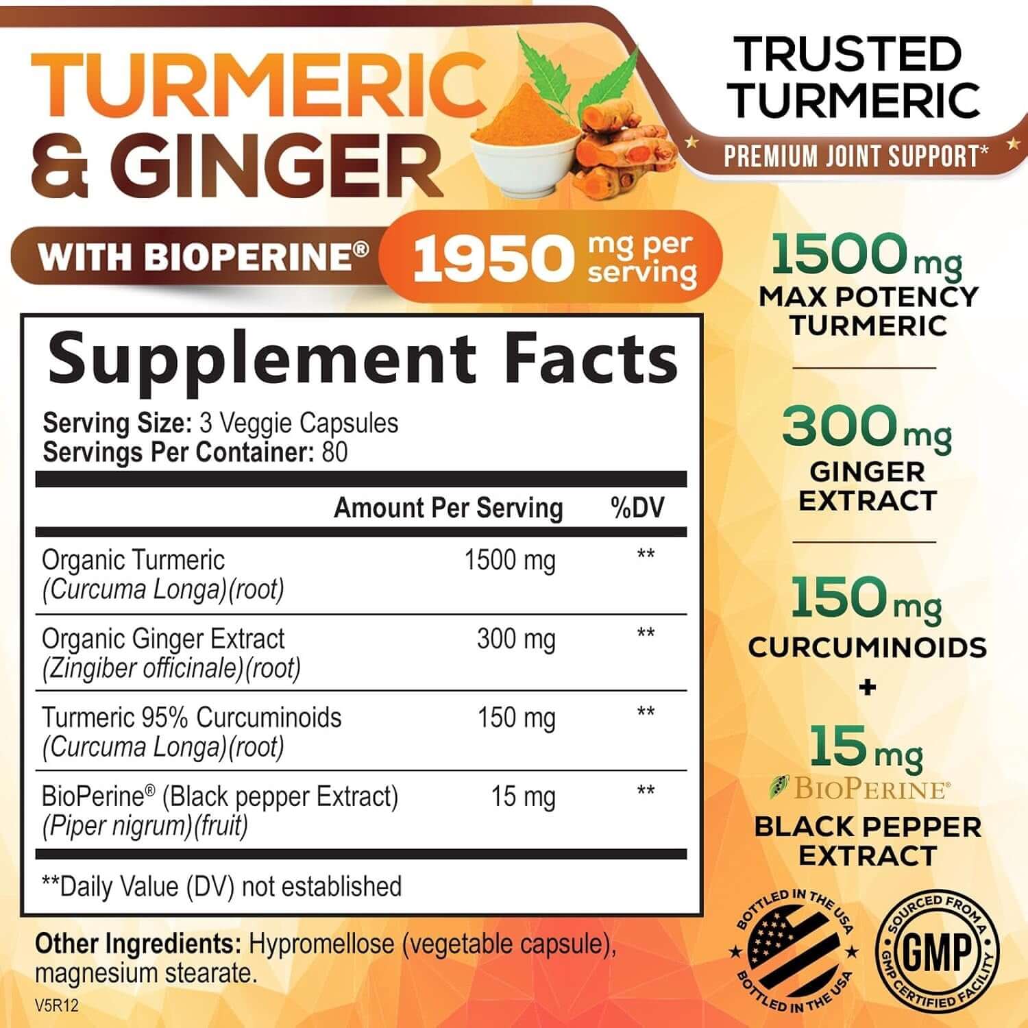 Turmeric Curcumin 1950mg – Organic Turmeric & Ginger, 95% Curcuminoids with Black Pepper (Bioperine) – Vegan, Non‑GMO – Bottled in USA – 240 Capsules - Vitamen Store