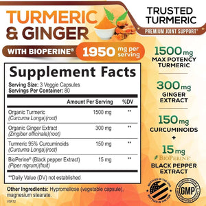 Turmeric Curcumin 1950mg – Organic Turmeric & Ginger, 95% Curcuminoids with Black Pepper (Bioperine) – Vegan, Non‑GMO – Bottled in USA – 240 Capsules - Vitamen Store