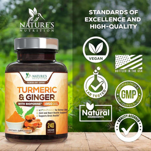 Turmeric Curcumin 1950mg – Organic Turmeric & Ginger, 95% Curcuminoids with Black Pepper (Bioperine) – Vegan, Non‑GMO – Bottled in USA – 240 Capsules - Vitamen Store