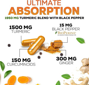 Turmeric Curcumin 1950mg – Organic Turmeric & Ginger, 95% Curcuminoids with Black Pepper (Bioperine) – Vegan, Non‑GMO – Bottled in USA – 240 Capsules - Vitamen Store