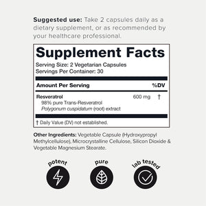 Ultra High Purity Resveratrol Capsules - 98% Trans - Resveratrol - 60 Caps Reservatrol Supplement - Vitamen Store
