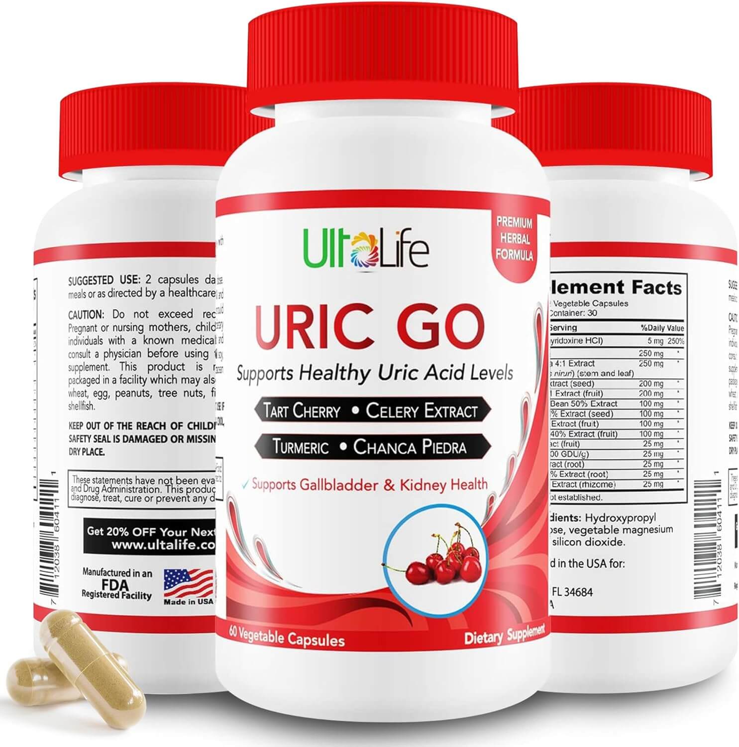 URIC GO Dietary Supplement – Tart Cherry, Chanca Piedra, Cranberry, Turmeric & Celery Seed Capsules - Vitamen Store