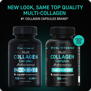 Vital Vitamins Multi Collagen Complex (2 Pack) - Type I, II, III, V, X, Grass Fed, Non - Gmo, 300 Capsules - Vitamen Store