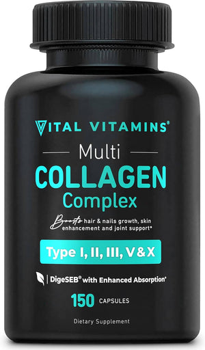 Vital Vitamins Multi Collagen Complex - Type I, II, III, V, X, Grass Fed, Non - GMO, 150 Capsules - Vitamen Store