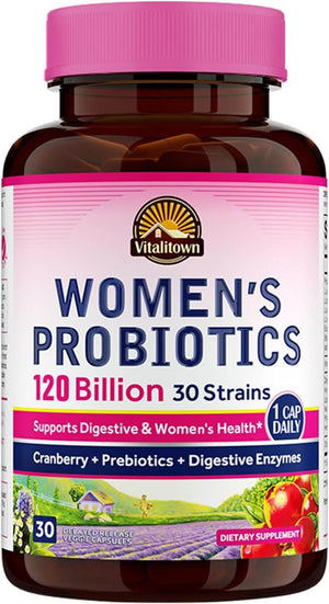 Vitalitown Probiotics for Women – 120 Billion CFUs, 30 Strains with Prebiotics, Digestive Enzymes & Cranberry – Vegan, 30 Delayed Release Capsules - Vitamen Store