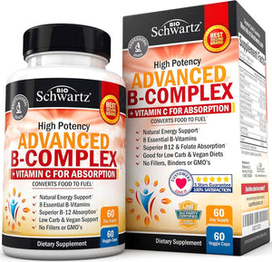 Vitamin B Complex with Vitamin C for Maximum Absorption - Methylcobalamin B12 & Folate Folic Acid Supplement - Vitamins B1 B2 B3 B5 B6 B7 B9 for Immune Energy & Nervous System Support - Non - Gmo - 60Ct - Vitamen Store