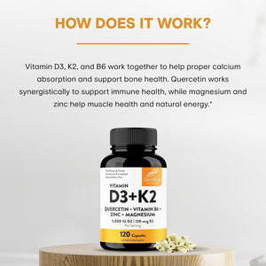 Vitamin D3 K2 5000 IU Capsules with Magnesium, Vitamin B6, Zinc & Quercetin - 120 Count - Vitamen Store