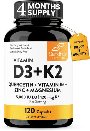 Vitamin D3 K2 5000 IU Capsules with Magnesium, Vitamin B6, Zinc & Quercetin - 120 Count - Vitamen Store