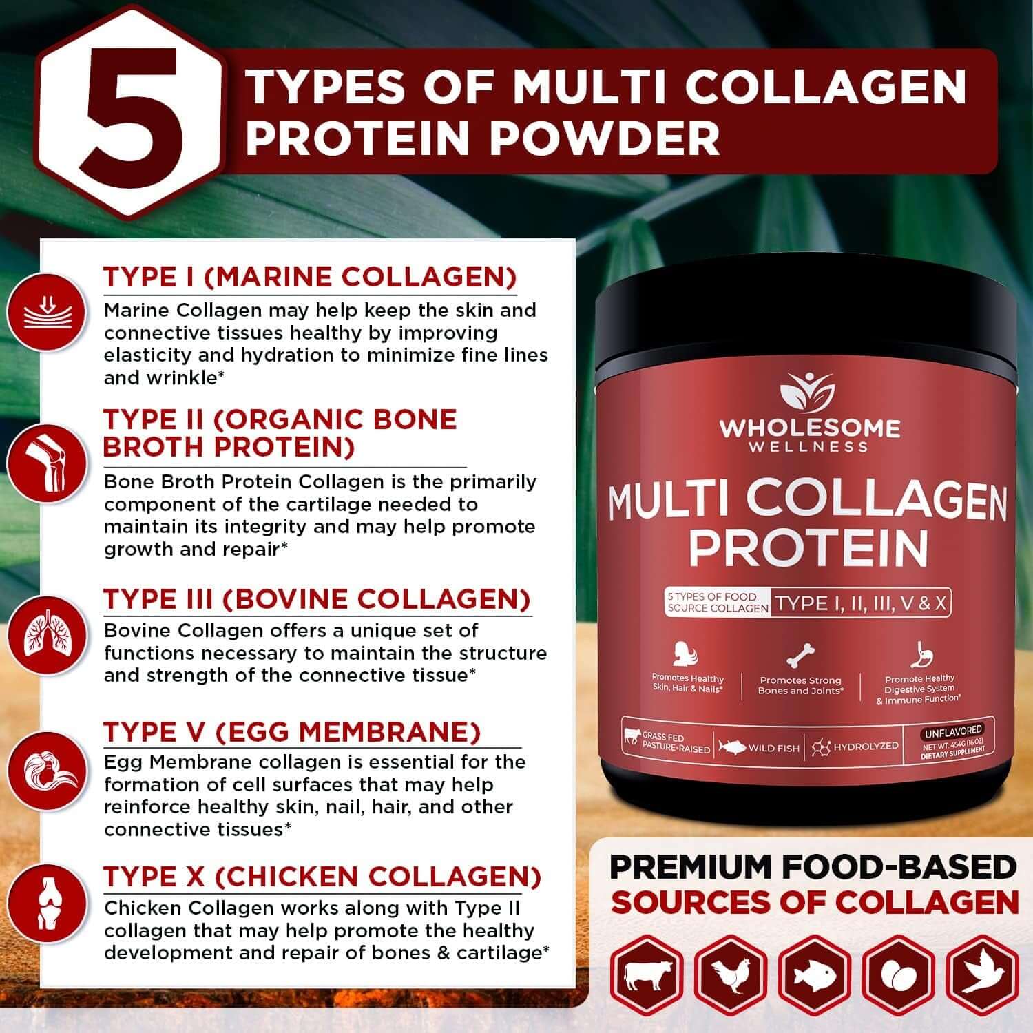 Wholesome Wellness Multi Collagen Protein Powder Hydrolyzed (Type I II III V X) Grass - Fed All - In - One Super Bone Broth + Peptides - Premium Blend of Beef, Chicken, Wild Fish, Eggshell, 58 Servings - Vitamen Store