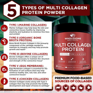 Wholesome Wellness Multi Collagen Protein Powder Hydrolyzed (Type I II III V X) Grass - Fed All - In - One Super Bone Broth + Peptides - Premium Blend of Beef, Chicken, Wild Fish, Eggshell, 58 Servings - Vitamen Store