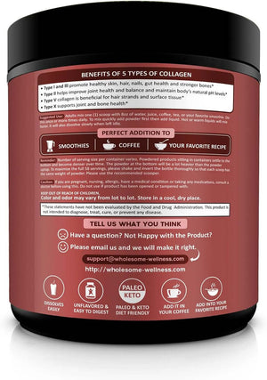 Wholesome Wellness Multi Collagen Protein Powder Hydrolyzed (Type I II III V X) Grass - Fed All - In - One Super Bone Broth + Peptides - Premium Blend of Beef, Chicken, Wild Fish, Eggshell, 58 Servings - Vitamen Store
