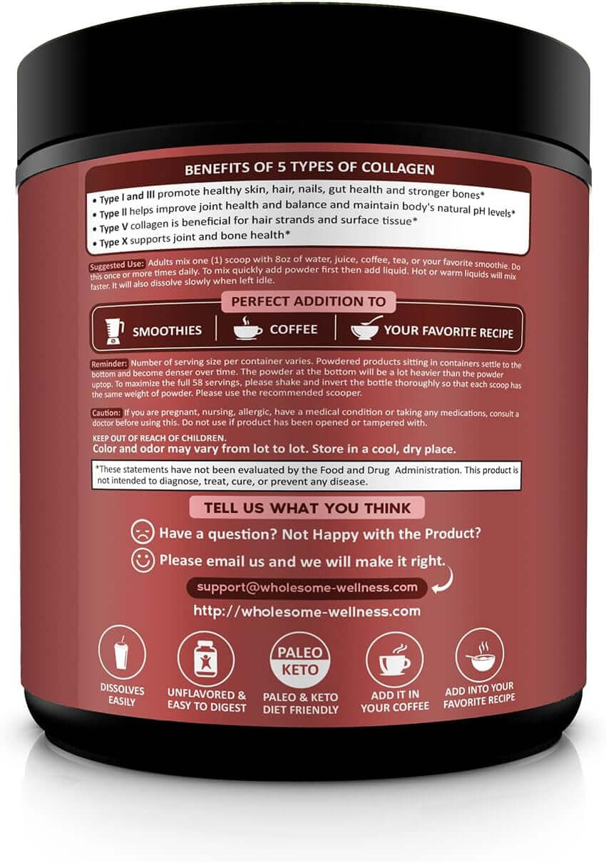 Wholesome Wellness Multi Collagen Protein Powder Hydrolyzed (Type I II III V X) Grass - Fed All - In - One Super Bone Broth + Peptides - Premium Blend of Beef, Chicken, Wild Fish, Eggshell, 58 Servings - Vitamen Store