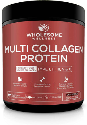 Wholesome Wellness Multi Collagen Protein Powder Hydrolyzed (Type I II III V X) Grass - Fed All - In - One Super Bone Broth + Peptides - Premium Blend of Beef, Chicken, Wild Fish, Eggshell, 58 Servings - Vitamen Store