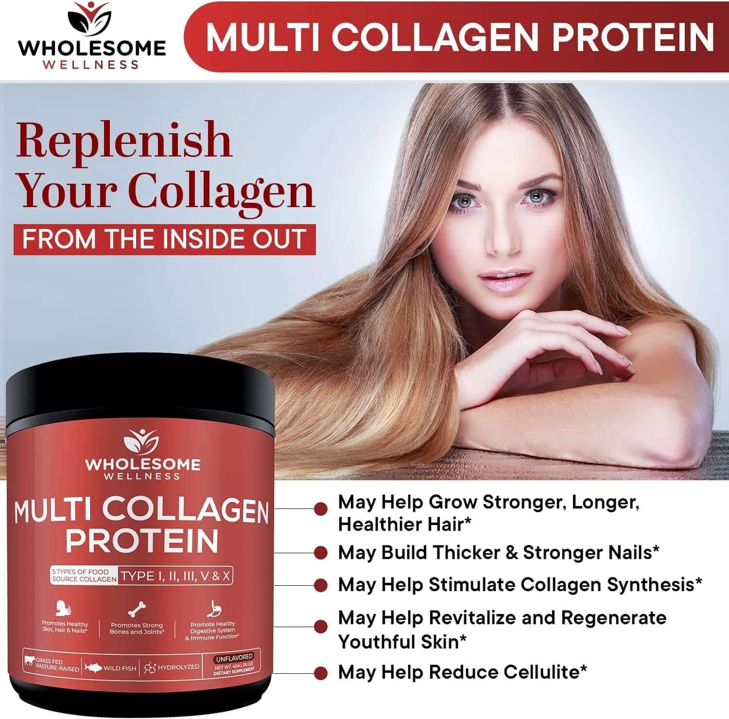 Wholesome Wellness Multi Collagen Protein Powder Hydrolyzed (Type I II III V X) Grass - Fed All - In - One Super Bone Broth + Peptides - Premium Blend of Beef, Chicken, Wild Fish, Eggshell, 58 Servings - Vitamen Store