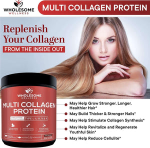 Wholesome Wellness Multi Collagen Protein Powder Hydrolyzed (Type I II III V X) Grass - Fed All - In - One Super Bone Broth + Peptides - Premium Blend of Beef, Chicken, Wild Fish, Eggshell, 58 Servings - Vitamen Store