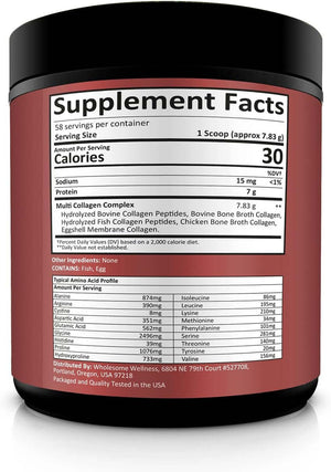 Wholesome Wellness Multi Collagen Protein Powder Hydrolyzed (Type I II III V X) Grass - Fed All - In - One Super Bone Broth + Peptides - Premium Blend of Beef, Chicken, Wild Fish, Eggshell, 58 Servings - Vitamen Store