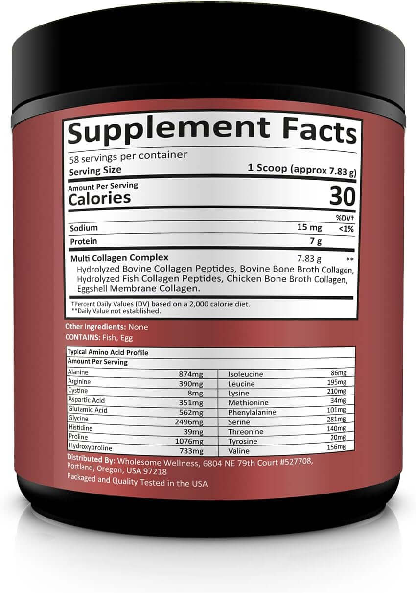 Wholesome Wellness Multi Collagen Protein Powder Hydrolyzed (Type I II III V X) Grass - Fed All - In - One Super Bone Broth + Peptides - Premium Blend of Beef, Chicken, Wild Fish, Eggshell, 58 Servings - Vitamen Store