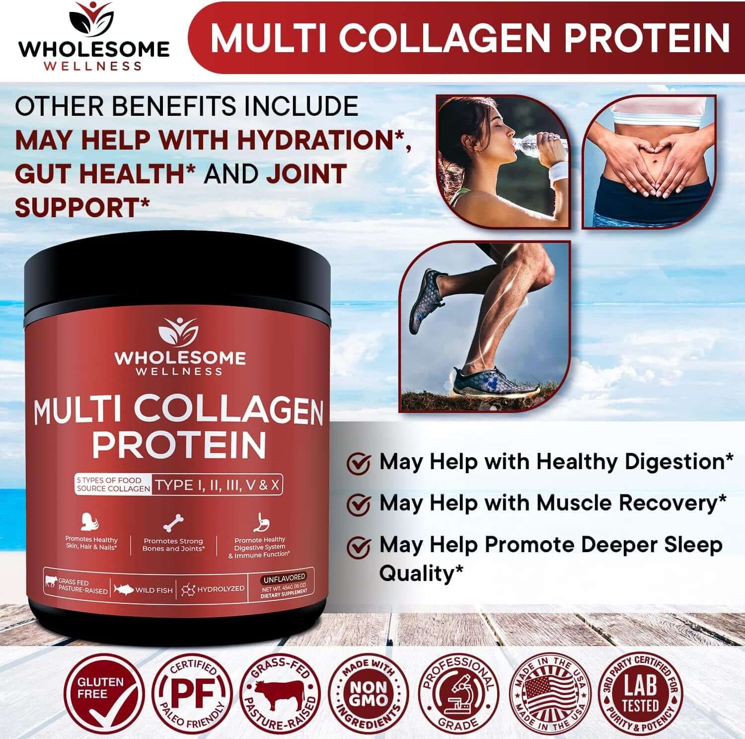 Wholesome Wellness Multi Collagen Protein Powder Hydrolyzed (Type I II III V X) Grass - Fed All - In - One Super Bone Broth + Peptides - Premium Blend of Beef, Chicken, Wild Fish, Eggshell, 58 Servings - Vitamen Store