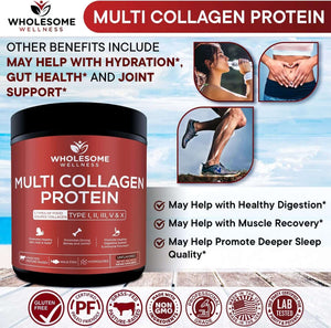 Wholesome Wellness Multi Collagen Protein Powder Hydrolyzed (Type I II III V X) Grass - Fed All - In - One Super Bone Broth + Peptides - Premium Blend of Beef, Chicken, Wild Fish, Eggshell, 58 Servings - Vitamen Store