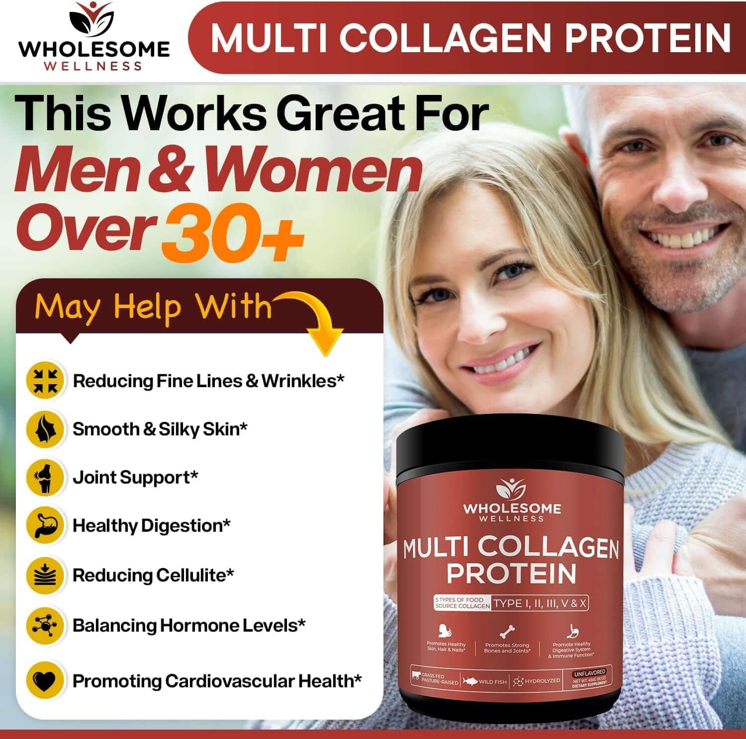 Wholesome Wellness Multi Collagen Protein Powder Hydrolyzed (Type I II III V X) Grass - Fed All - In - One Super Bone Broth + Peptides - Premium Blend of Beef, Chicken, Wild Fish, Eggshell, 58 Servings - Vitamen Store