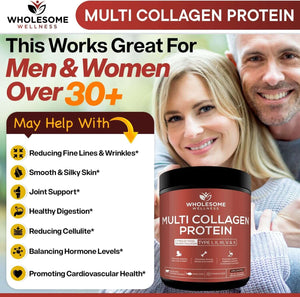 Wholesome Wellness Multi Collagen Protein Powder Hydrolyzed (Type I II III V X) Grass - Fed All - In - One Super Bone Broth + Peptides - Premium Blend of Beef, Chicken, Wild Fish, Eggshell, 58 Servings - Vitamen Store