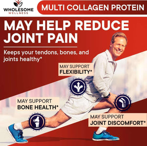 Wholesome Wellness Multi Collagen Protein Powder Hydrolyzed (Type I II III V X) Grass - Fed All - In - One Super Bone Broth + Peptides - Premium Blend of Beef, Chicken, Wild Fish, Eggshell, 58 Servings - Vitamen Store