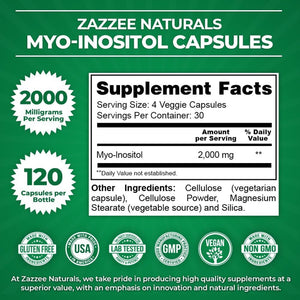 Zazzee Myo - Inositol Capsules – 2000 mg per Serving – 120 Vegan Capsules – Ideal for 40:1 Ratio – Non - GMO, All - Natural, 100% Vegetarian - Vitamen Store