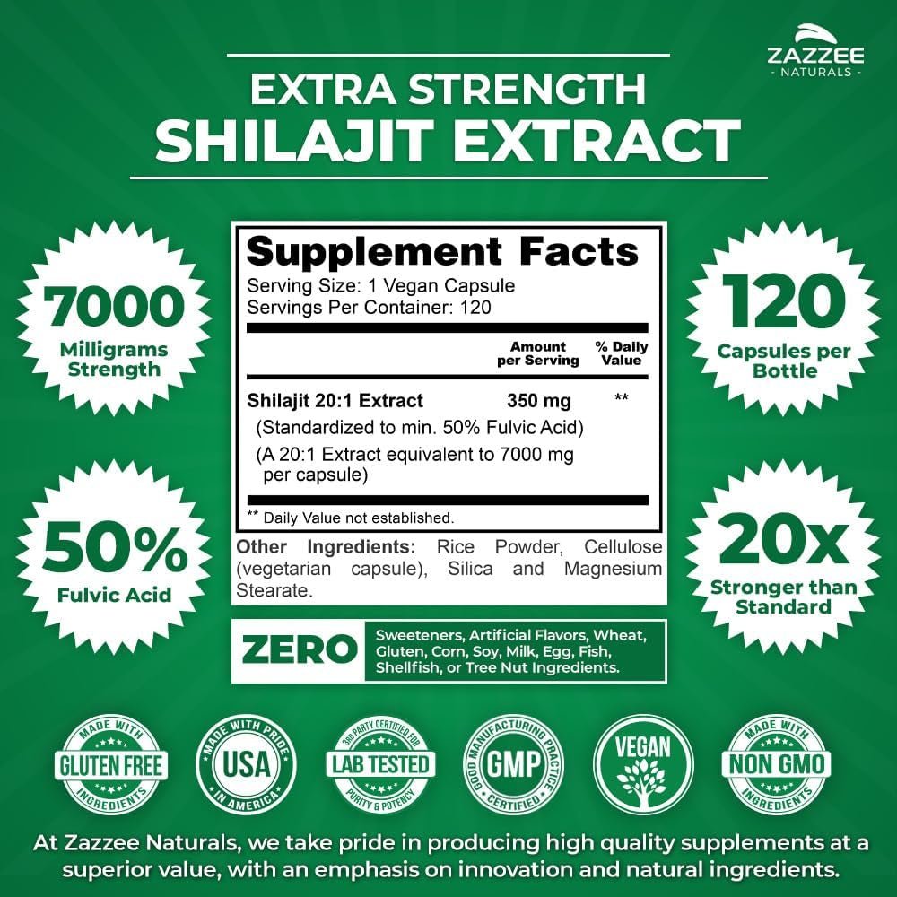 Zazzee Organic Himalayan Shilajit 20:1 Extract – 7000 mg per Capsule – 50% Fulvic Acid – 120 Servings – Rich in Trace Minerals – Non - GMO – Vegan – Made in USA - Vitamen Store