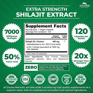 Zazzee Organic Himalayan Shilajit 20:1 Extract – 7000 mg per Capsule – 50% Fulvic Acid – 120 Servings – Rich in Trace Minerals – Non - GMO – Vegan – Made in USA - Vitamen Store