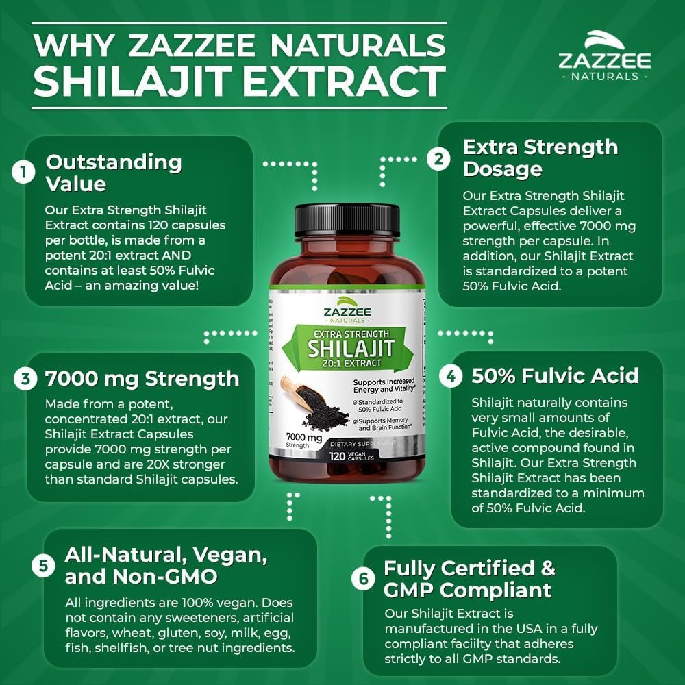 Zazzee Organic Himalayan Shilajit 20:1 Extract – 7000 mg per Capsule – 50% Fulvic Acid – 120 Servings – Rich in Trace Minerals – Non - GMO – Vegan – Made in USA - Vitamen Store