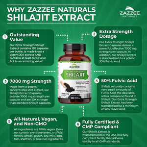 Zazzee Organic Himalayan Shilajit 20:1 Extract – 7000 mg per Capsule – 50% Fulvic Acid – 120 Servings – Rich in Trace Minerals – Non - GMO – Vegan – Made in USA - Vitamen Store