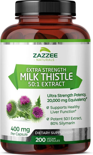 Zazzee Organic Milk Thistle 50:1 Extract – 20,000mg, 80% Silymarin – 200 Vegan Capsules, Standardized 50X – All - Natural & Non - GMO - Vitamen Store