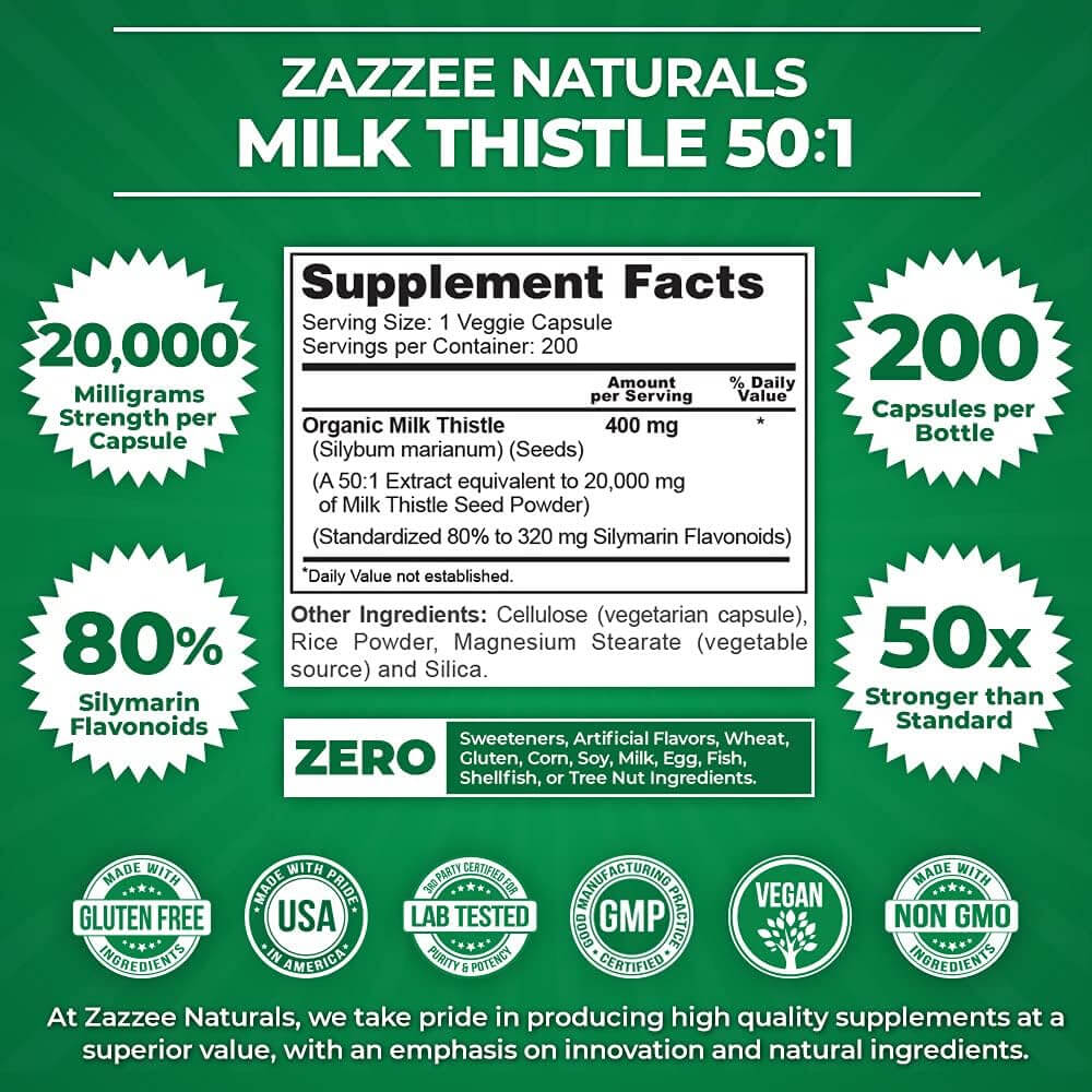 Zazzee Organic Milk Thistle 50:1 Extract – 20,000mg, 80% Silymarin – 200 Vegan Capsules, Standardized 50X – All - Natural & Non - GMO - Vitamen Store