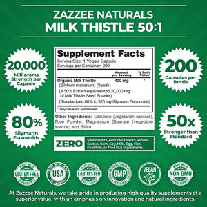 Zazzee Organic Milk Thistle 50:1 Extract – 20,000mg, 80% Silymarin – 200 Vegan Capsules, Standardized 50X – All - Natural & Non - GMO - Vitamen Store