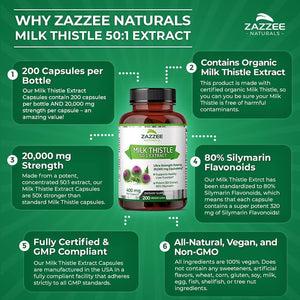 Zazzee Organic Milk Thistle 50:1 Extract – 20,000mg, 80% Silymarin – 200 Vegan Capsules, Standardized 50X – All - Natural & Non - GMO - Vitamen Store