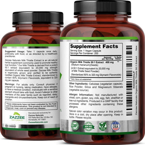 Zazzee Organic Milk Thistle 50:1 Extract – 20,000mg, 80% Silymarin – 200 Vegan Capsules, Standardized 50X – All - Natural & Non - GMO - Vitamen Store