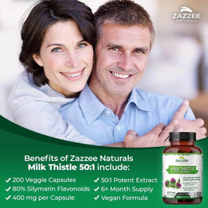 Zazzee Organic Milk Thistle 50:1 Extract – 20,000mg, 80% Silymarin – 200 Vegan Capsules, Standardized 50X – All - Natural & Non - GMO - Vitamen Store