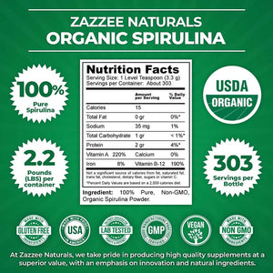 Zazzee Organic Spirulina Powder, 2.2 Pounds (1 KG), USDA Certified, 303 Servings, 100% Pure, Non - Irradiated, Mess - Free Wide Mouth Container, Fresh Smell and Neutral Taste, Vegan, Non - Gmo, Gluten - Free - Vitamen Store