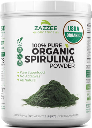 Zazzee Organic Spirulina Powder, 2.2 Pounds (1 KG), USDA Certified, 303 Servings, 100% Pure, Non - Irradiated, Mess - Free Wide Mouth Container, Fresh Smell and Neutral Taste, Vegan, Non - Gmo, Gluten - Free - Vitamen Store